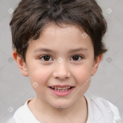 Joyful white child female with short  brown hair and brown eyes