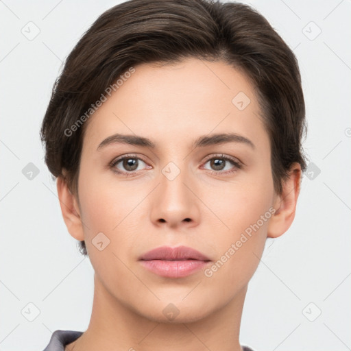 Neutral white young-adult female with short  brown hair and brown eyes