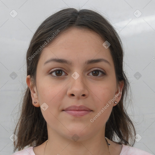 Neutral white young-adult female with medium  brown hair and brown eyes