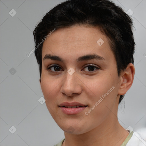 Joyful white young-adult female with short  brown hair and brown eyes