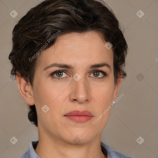 Neutral white young-adult female with short  brown hair and brown eyes