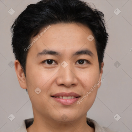 Joyful asian young-adult male with short  brown hair and brown eyes