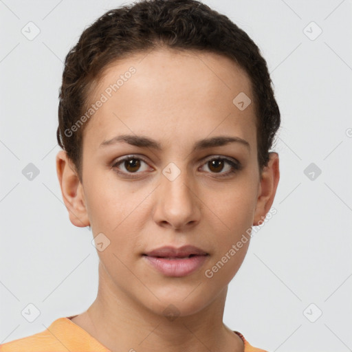 Neutral white young-adult female with short  brown hair and brown eyes