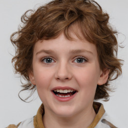 Joyful white child female with medium  brown hair and blue eyes