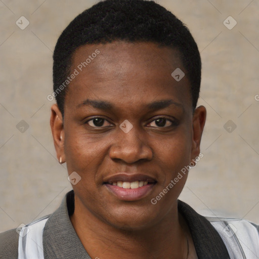 Joyful black young-adult female with short  black hair and brown eyes