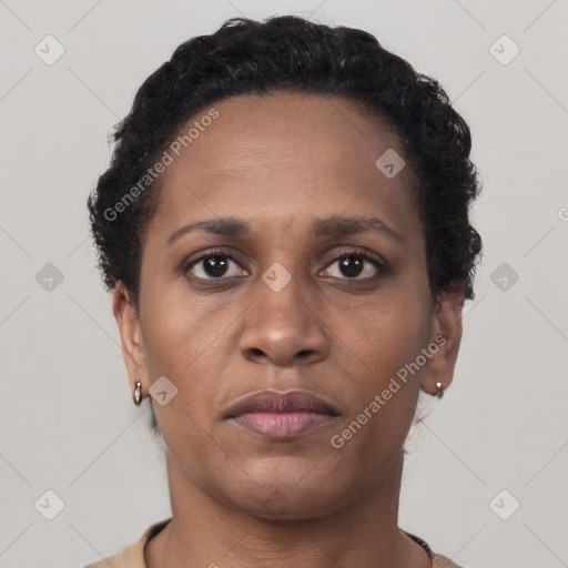 Neutral black young-adult female with short  brown hair and brown eyes