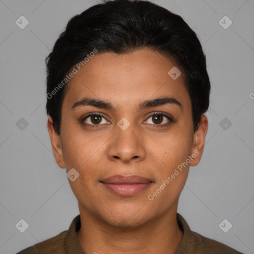 Joyful latino young-adult female with short  black hair and brown eyes