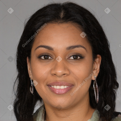 Joyful black young-adult female with long  brown hair and brown eyes