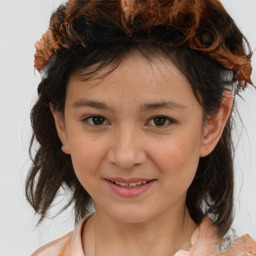 Joyful white child female with medium  brown hair and brown eyes