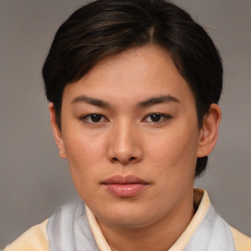 Neutral white young-adult female with short  brown hair and brown eyes