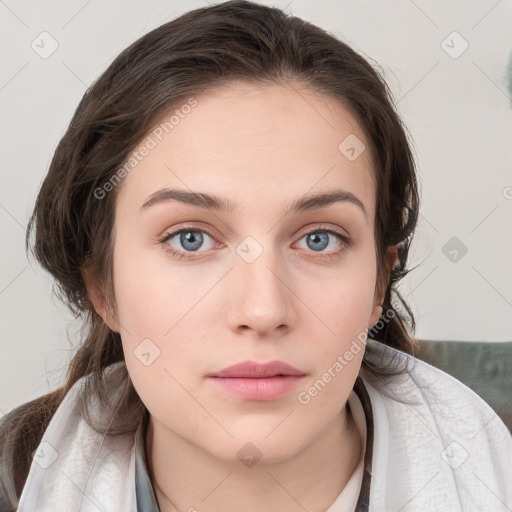 Neutral white young-adult female with medium  brown hair and grey eyes