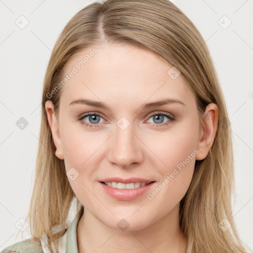 Joyful white young-adult female with medium  brown hair and blue eyes