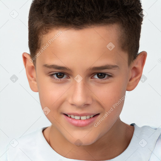 Joyful white child male with short  brown hair and brown eyes