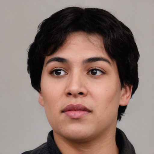 Neutral asian young-adult female with short  black hair and brown eyes