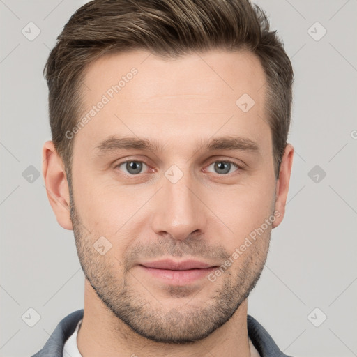 Neutral white young-adult male with short  brown hair and grey eyes