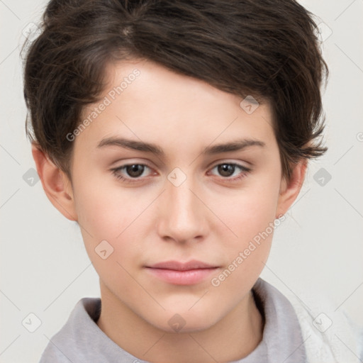 Neutral white young-adult female with short  brown hair and brown eyes