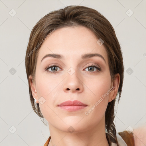 Neutral white young-adult female with medium  brown hair and grey eyes