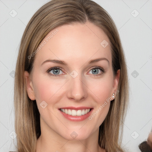 Joyful white young-adult female with long  brown hair and grey eyes