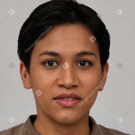 Joyful latino young-adult female with short  black hair and brown eyes