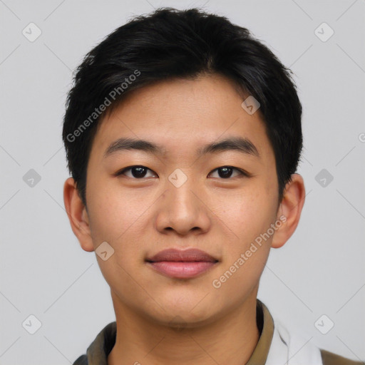 Joyful asian young-adult male with short  black hair and brown eyes