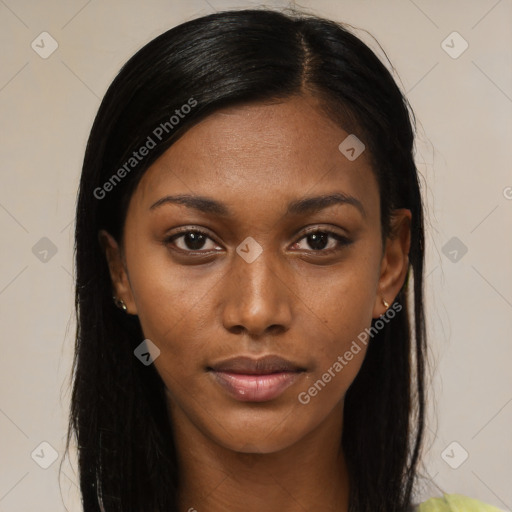 Neutral black young-adult female with long  brown hair and brown eyes