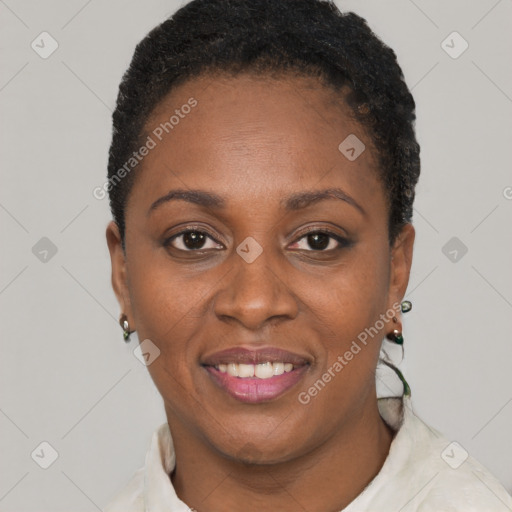 Joyful black adult female with short  brown hair and brown eyes