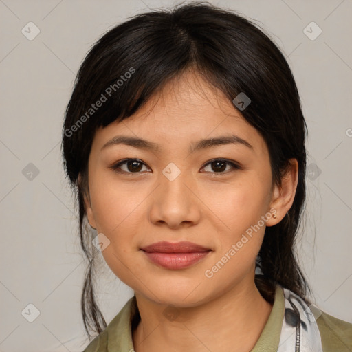 Joyful white young-adult female with medium  brown hair and brown eyes