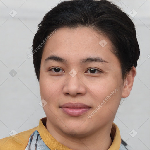 Joyful asian young-adult female with short  brown hair and brown eyes