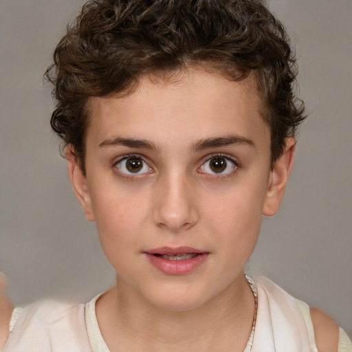 Joyful white child female with short  brown hair and brown eyes