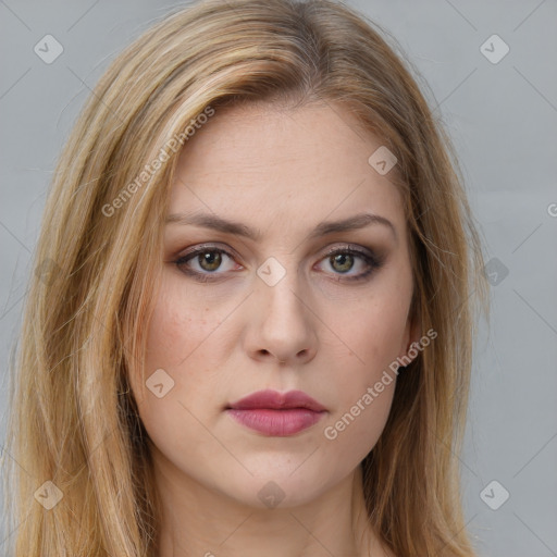 Neutral white young-adult female with long  brown hair and brown eyes