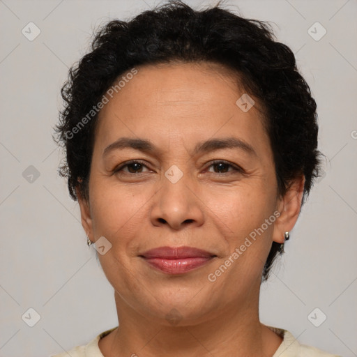 Joyful white adult female with short  brown hair and brown eyes