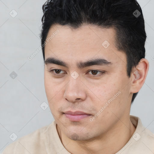 Neutral latino young-adult male with short  black hair and brown eyes