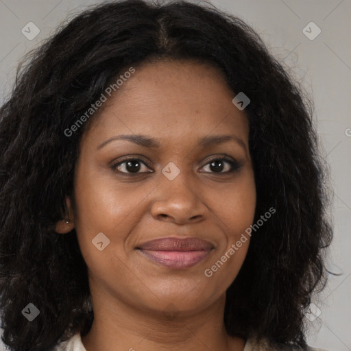 Joyful black young-adult female with long  brown hair and brown eyes