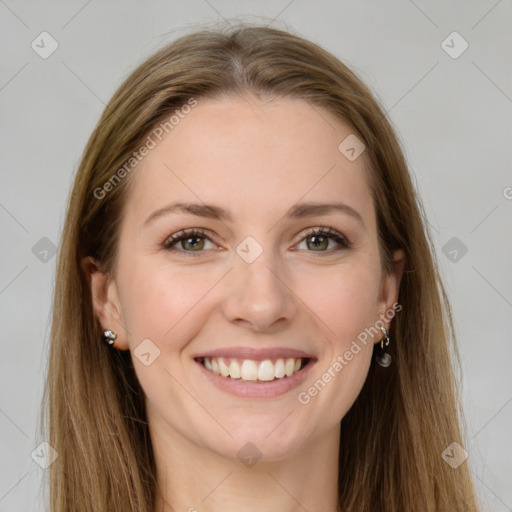 Joyful white young-adult female with long  brown hair and grey eyes