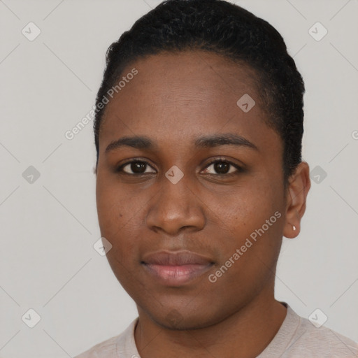 Neutral black young-adult female with short  black hair and brown eyes