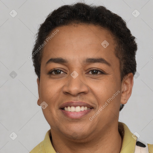 Joyful latino young-adult female with short  brown hair and brown eyes