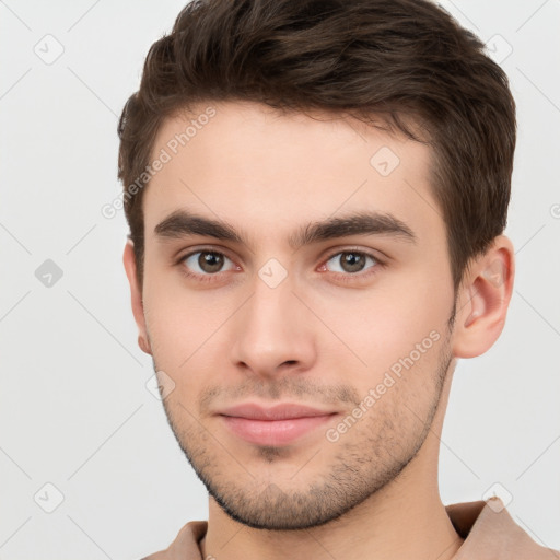 Neutral white young-adult male with short  brown hair and brown eyes