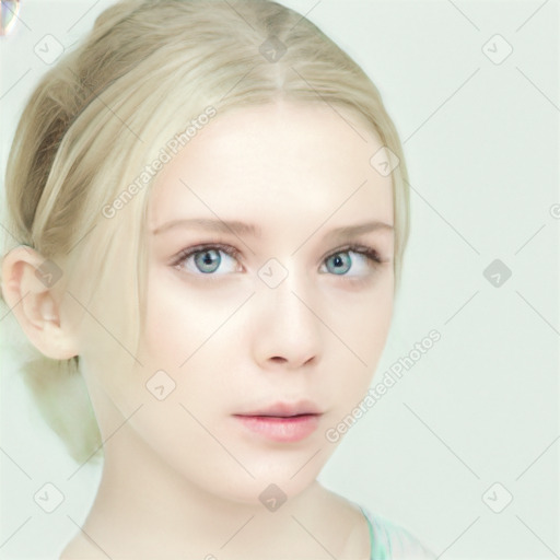 Neutral white young-adult female with medium  blond hair and blue eyes