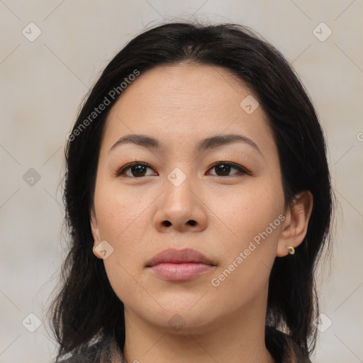 Neutral asian young-adult female with medium  brown hair and brown eyes