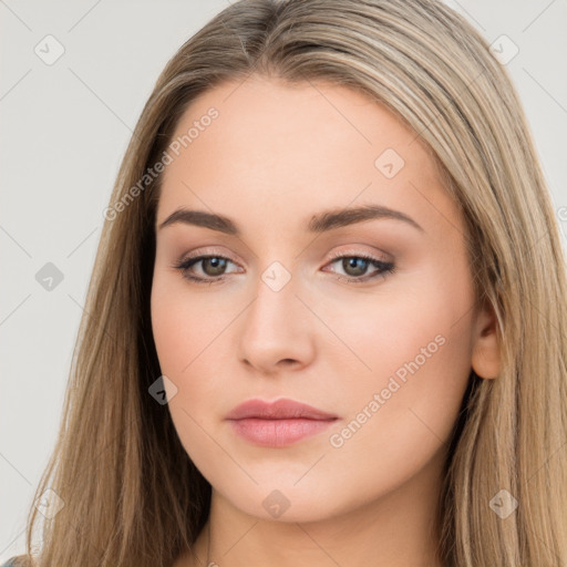 Neutral white young-adult female with long  brown hair and brown eyes