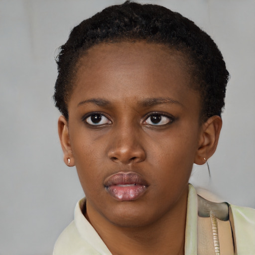 Neutral latino young-adult female with short  brown hair and brown eyes