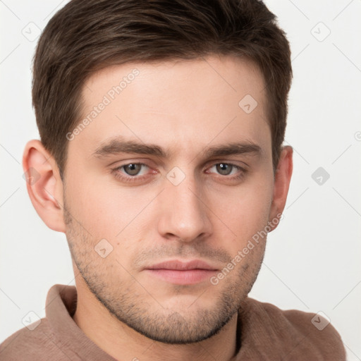 Neutral white young-adult male with short  brown hair and grey eyes