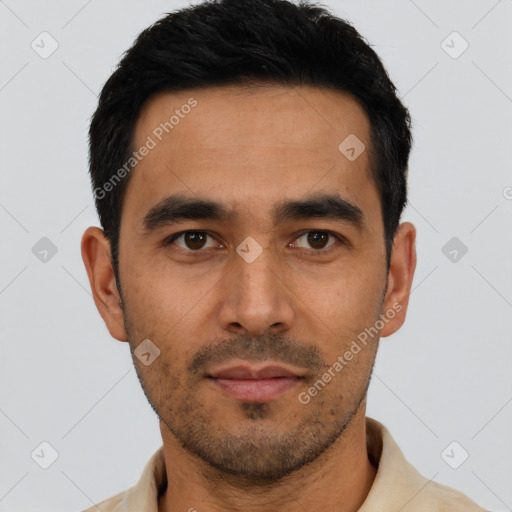 Neutral asian young-adult male with short  black hair and brown eyes