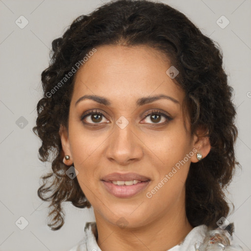 Joyful black young-adult female with medium  brown hair and brown eyes