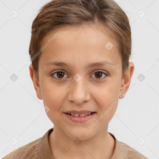 Joyful white child female with short  brown hair and brown eyes