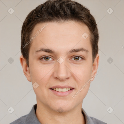 Joyful white young-adult female with short  brown hair and grey eyes