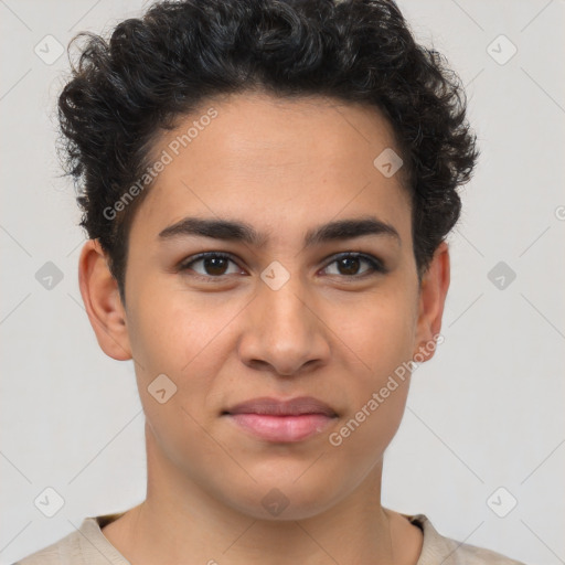 Joyful latino young-adult male with short  brown hair and brown eyes