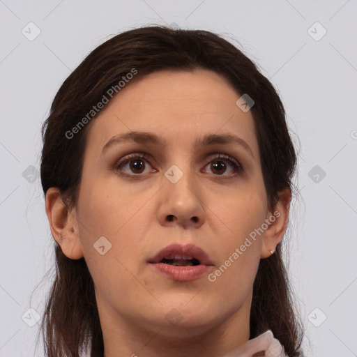 Neutral white young-adult female with medium  brown hair and brown eyes