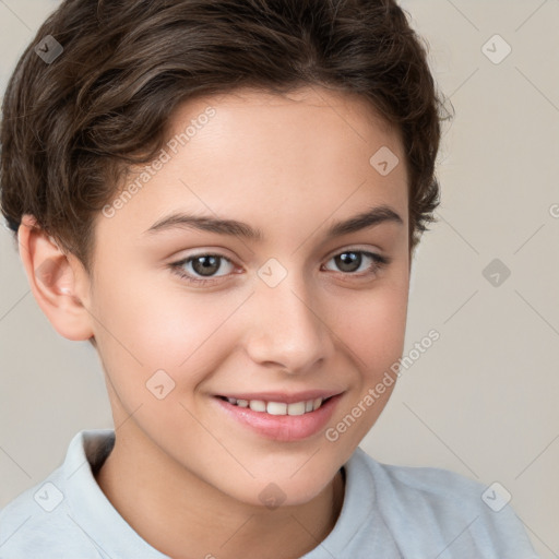 Joyful white child female with short  brown hair and brown eyes