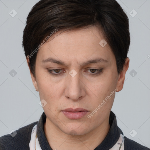 Neutral white adult female with short  brown hair and brown eyes